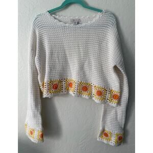 Sincerely Jules White Crochet Sweater with Sunflower Grandma Squares Size Large